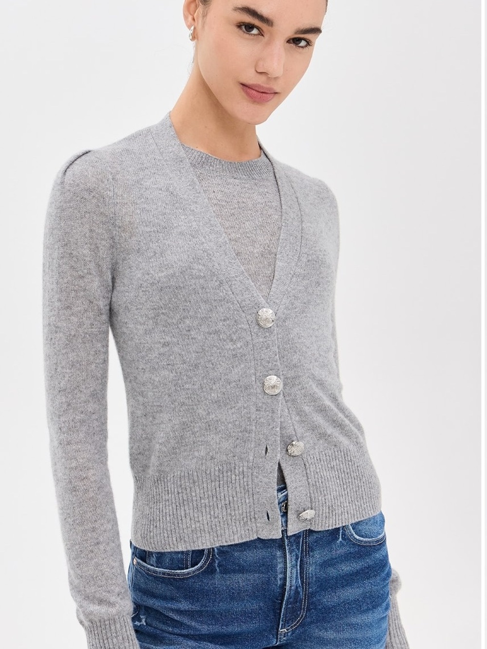 NWT!Veronica Beard Solene cashmere cardigan sweater in gray with silver buttons